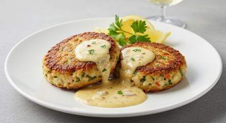 Delicious Crab Cakes with Creamy Sauce Gourmet Seafood Appetizer Restaurant Food