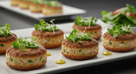 Delicious Gourmet Salmon Cakes with Microgreens Garnish Appetizer Platter