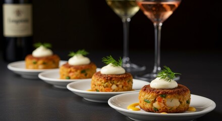Delicious Crab Cakes Appetizer with Creamy Sauce and Dill Garnish Served with Wine