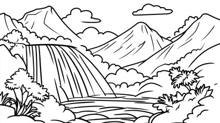 Black and white waterfall mountain landscape