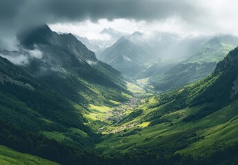Obraz premium Scenic Mountain Landscape with Lush Green Valley and Dramatic Clouds Overlooking Serene Village in the Distance