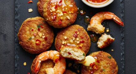 Delicious Spicy Shrimp Cakes with Sweet Chili Sauce Overhead Shot