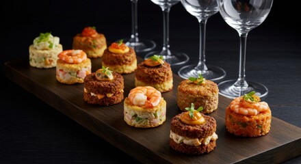 Gourmet Appetizers Elegant Shrimp Seafood Canap s on Wooden Board