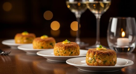 Delicious Gourmet Crab Cakes Appetizer with White Wine Candlelight Dinner