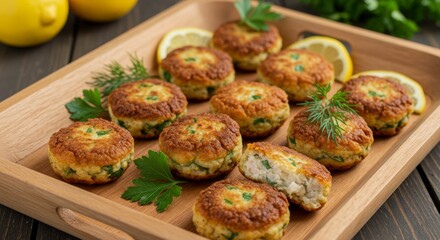 Delicious Golden Brown Fish Cakes with Lemon and Herbs on Wooden Tray