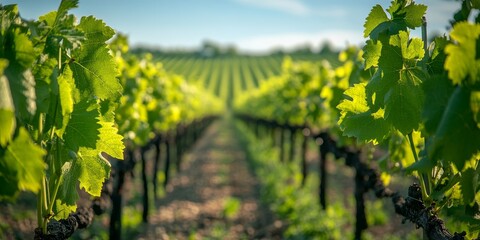 Naklejka premium Sunlight filtering through lush green leaves in vineyard rows
