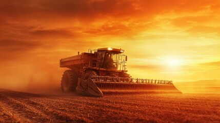 Fototapeta premium Large scale farming machinery harvesting crops during sunset, glowing orange horizon, industrial agricultural equipment in action, metallic harvest bin filled with grain, dusty atmosphere, panoramic