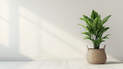Fototapeta premium A minimalist, bright white room with a single potted plant in a light brown woven basket on a white wooden floor, against a plain white wall