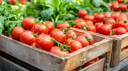 Fresh red tomatoes displayed in wooden crates at a market.