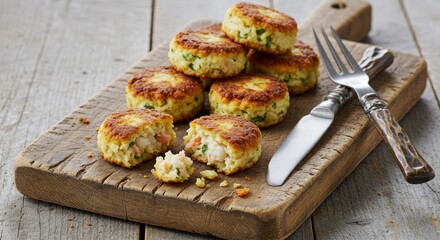 Delicious Golden Brown Shrimp Cakes on Rustic Wooden Board Close up View