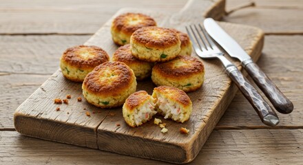 Delicious Golden Brown Crab Cakes on Rustic Wooden Board Appetizer Food Photography