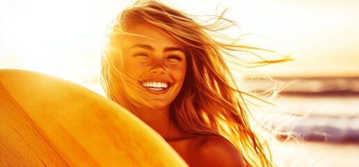 Beautiful tanned surfer woman with wooden surfboard on the beach, embodying sport and summer vibes