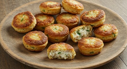 Delicious Savory Mini Chicken Cakes Appetizers on Rustic Wooden Plate