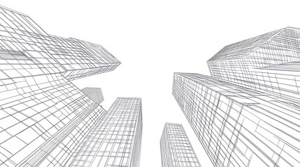 Architectural drawing of skyscrapers, upward view, digital illustration, potential for architectural design presentation