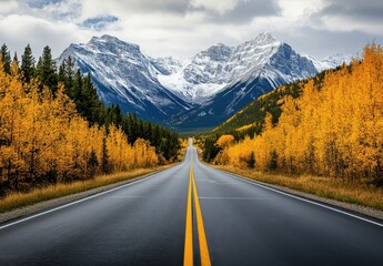 Fototapeta premium Scenic Mountain Road with Vibrant Autumn Colors and Towering Snow-Capped Peaks Under a Cloudy Sky