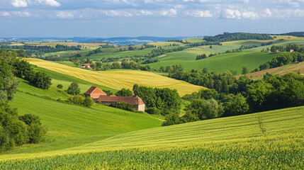 Obraz premium Lush green hills with a rustic farmhouse under a blue sky, showcasing serene countryside beauty.