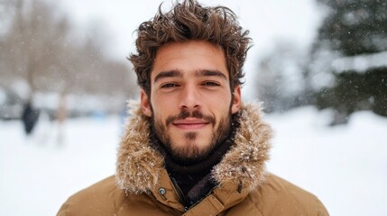 A man smiles warmly, snow falling softly around him. He wears a brown jacket with fur trim