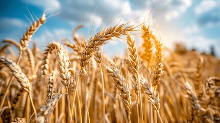 Fototapeta premium Close up of a golden wheat field with individual stalks swaying under a blue sky and clouds