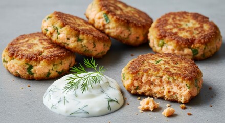 Delicious Crispy Salmon Patties with Dill Yogurt Sauce Close Up Food Photography