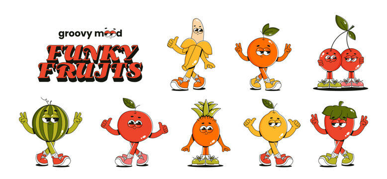 Naklejki Summer fruits. Retro groovy sticker and patch. Comic characters strawberry, lemon, banana, apple, pineapple, orange, cherry, watermelon. Vector illustration