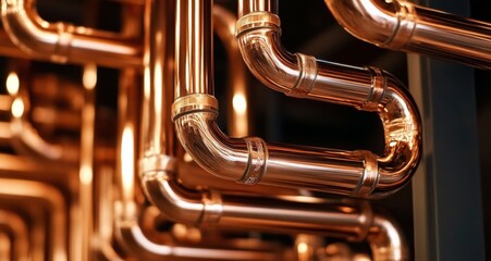 Copper Pipeline in Boiler Room: Plumbing Service for Heating System with Water and Gas Connection Pipes and Fittings