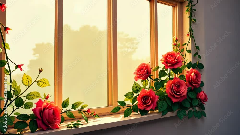 Aufkleber A window with a bunch of red roses in it. The roses are in a vase and are placed on the window sill