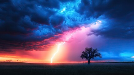 Fototapeta premium Lightning crackles through a colorful sunset sky, striking a solitary tree on the horizon.