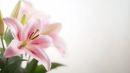 Delicate pink lilies in full bloom with soft white background
