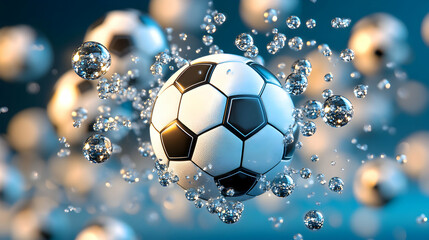 Fototapeta premium Soccer Ball Surrounded by Bubbles in a Soft Blue Background