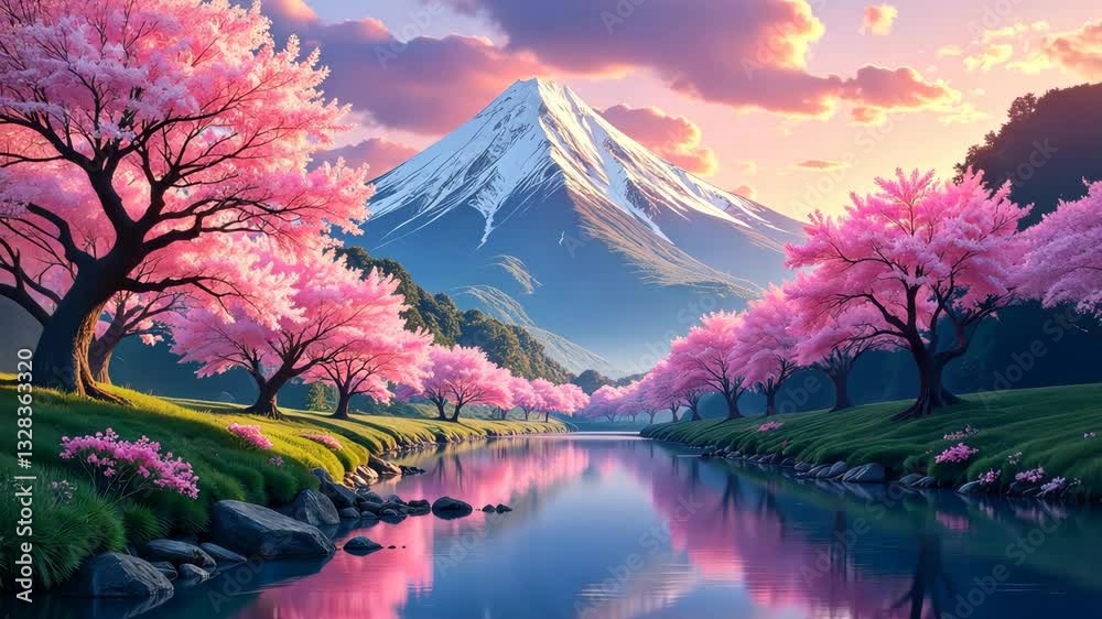 Poster a mountain range with a pink and purple sky. trees are in the foreground and the mountains are in th