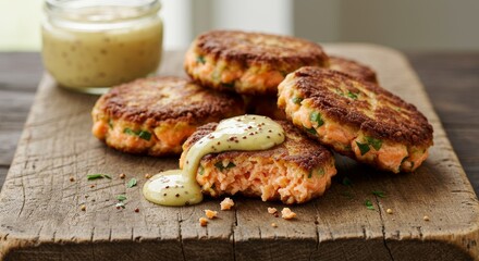 Delicious Homemade Salmon Patties with Creamy Mustard Sauce on Rustic Wooden Board