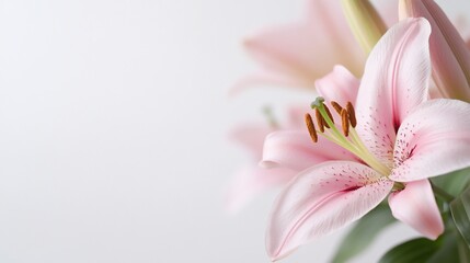 Delicate pink lily blooms, soft petals, green pistils, white background