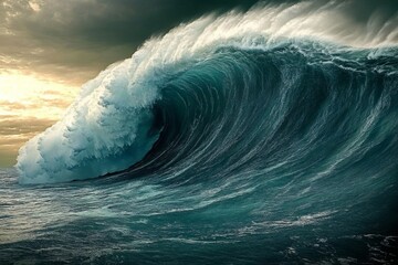 Dramatic Apocalyptic Scene: Massive Tsunami Waves and Dark Stormy Sky with Tornado. 3D Render of Giant Waves