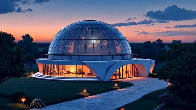 A large white building with a dome on top. The dome is lit up. There are many windows on the building