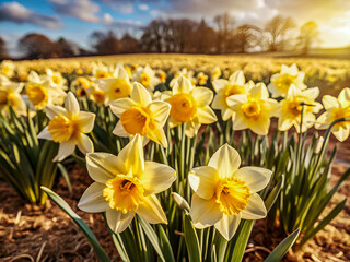 Fototapeta premium Happy Easter, daffodil flowers in the field. Beautiful holiday background
