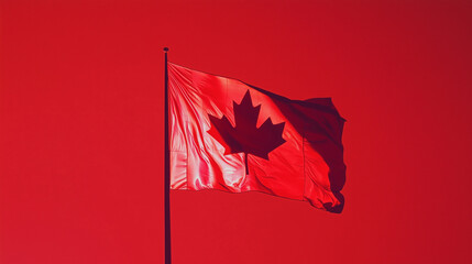 A crisp and vibrant Canada flag fluttering against a bright red solid background, lit by soft natural light.