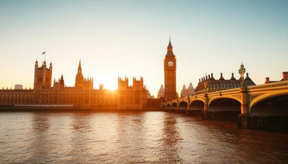 Fototapeta premium Golden hour sunset over iconic London architecture, reflecting on calm river waters