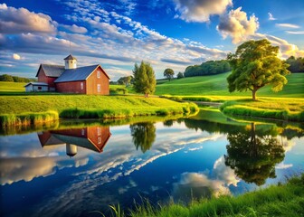 Fototapeta premium Serene Rural Farm Pond: Blue Sky, Green Fields, Countryside Landscape