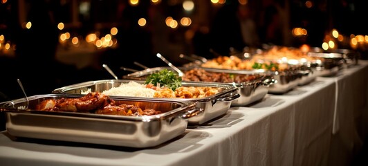 Indoor Buffet Catering in Restaurant with Colorful Meat, Fruits, and Vegetables - Group of People