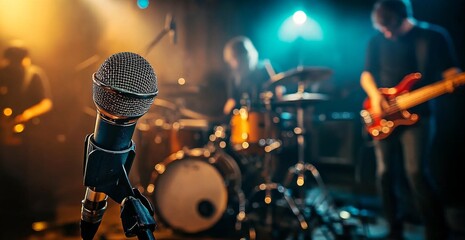 Live Music Performance: Band on Stage with Guitarist, Soft Background Blur. Studio Recording Session with Band Playing Music