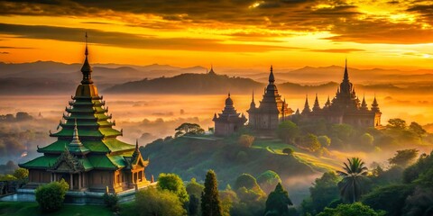 Serene Silhouette: Temples & Lush Landscape at Sunset