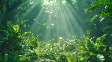 Serene forest clearing featuring lush ferns, mossy rocks, and sunlight streaming through foliage