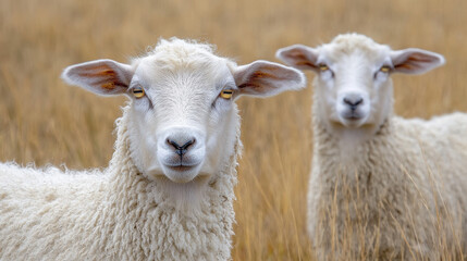 Fototapeta premium Two sheep standing in a grassy field, looking directly at the camera.
