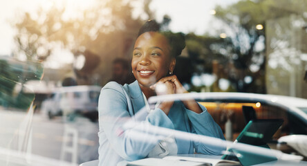 Business, thinking and black woman in cafe, tablet and smile with decision, sales growth and relax. African person, professional and entrepreneur in coffee shop, tech and choice with wonder and ideas