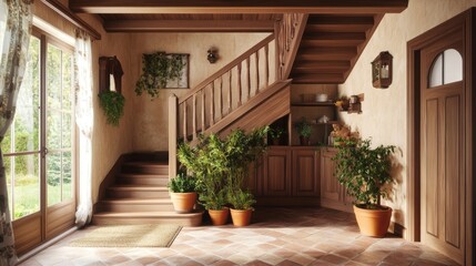 A rustic-style home with terracotta potted plants decorating the stair steps.
