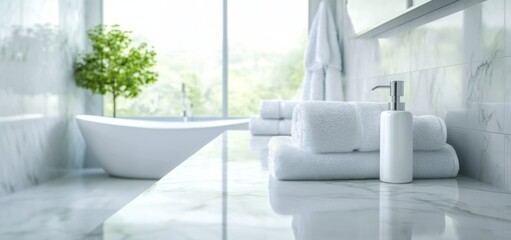 Minimalist White Bathroom Interior with Marble Table for Product Display and Blurred Background