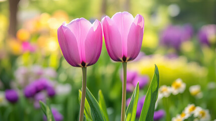 Fototapeta premium Two vibrant pink tulips amidst a colorful garden, showcasing nature's beauty.