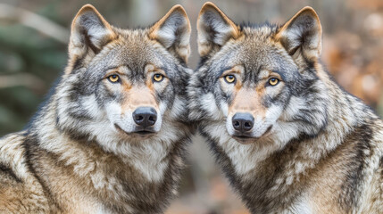 Fototapeta premium Two wolves closely positioned, showcasing their striking features and expressions.