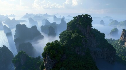 Lush, green islands rise from a misty sea, creating a breathtaking, tranquil scene