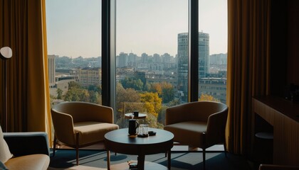 Panoramic city view from a modern room with two armchairs and a coffee table
